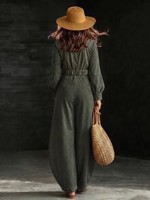 Breezaya Lady's Two Pieces Spring And Autumn Commuting Retro Elegant Olive Green Leather Deep V-Neck Lantern Sleeve Top 3D Rose Button Barrel Leg Long Pants - Dark Green - View 2