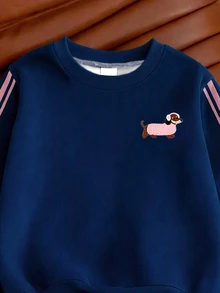 女童 2 件套 1 組隨機套裝 時尚休閒小狗對比色條紋印花圓領保暖內裡長袖衛衣上衣 條紋印花喇叭長褲套裝 柔軟面料 適合外出 秋冬 - 彩色 - 查看 6