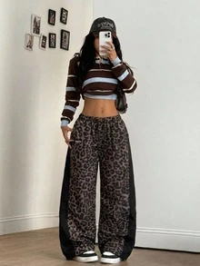 Coolane Women's Autumn Streetwear Casual 2000s Punk Oversized Y2k Leopard Print Pants Loose Mid Rise Wide Leg Sportswear For Date Going Out Dark Brown - Black - View 5