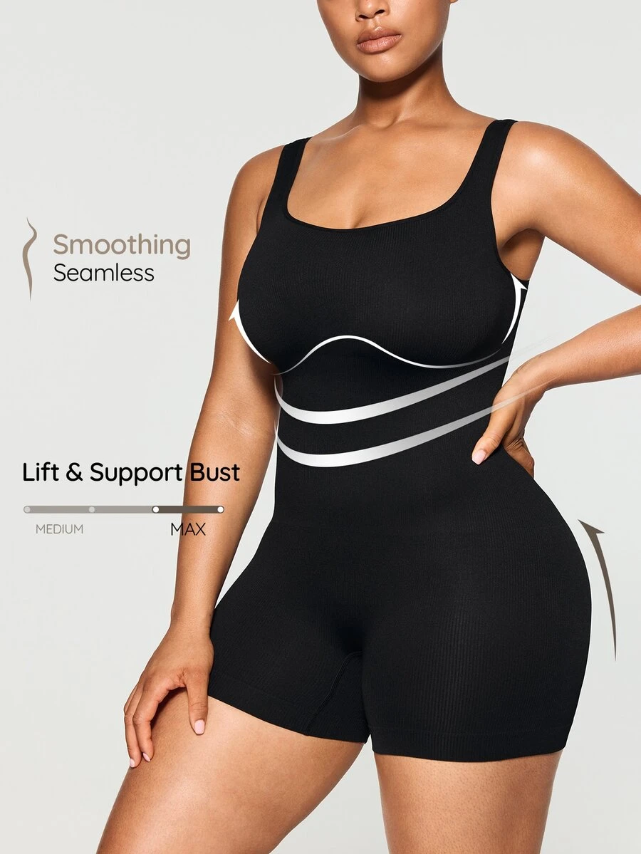 SHAPORA Plus Size Solid Shapewear Casual Comfy Strong Level Medium Stretch Unitard Romper - Black - View 1