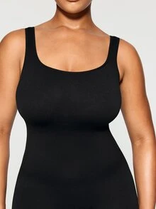 SHAPORA Plus Size Solid Shapewear Casual Comfy Strong Level Medium Stretch Unitard Romper - Black - View 5