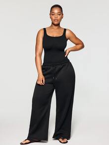 SHAPORA Plus Size Solid Shapewear Casual Comfy Strong Level Medium Stretch Unitard Romper - Black - View 7