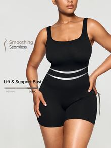 SHAPORA Plus Size Solid Shapewear Casual Comfy Strong Level Medium Stretch Unitard Romper - Black - View 3