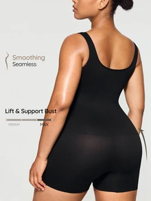 SHAPORA Plus Size Solid Shapewear Casual Comfy Strong Level Medium Stretch Unitard Romper - Black - View 2
