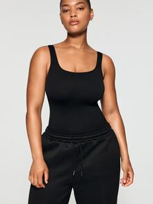 SHAPORA Plus Size Solid Shapewear Casual Comfy Strong Level Medium Stretch Unitard Romper - Black - View 6