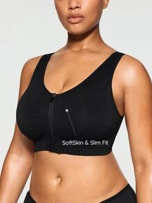 SHAPORA Plus Size Black Zipper Front Sports Bra Crop Top For Women, Medium Stretch Knitted Fabric Tank Top - Black - View 4