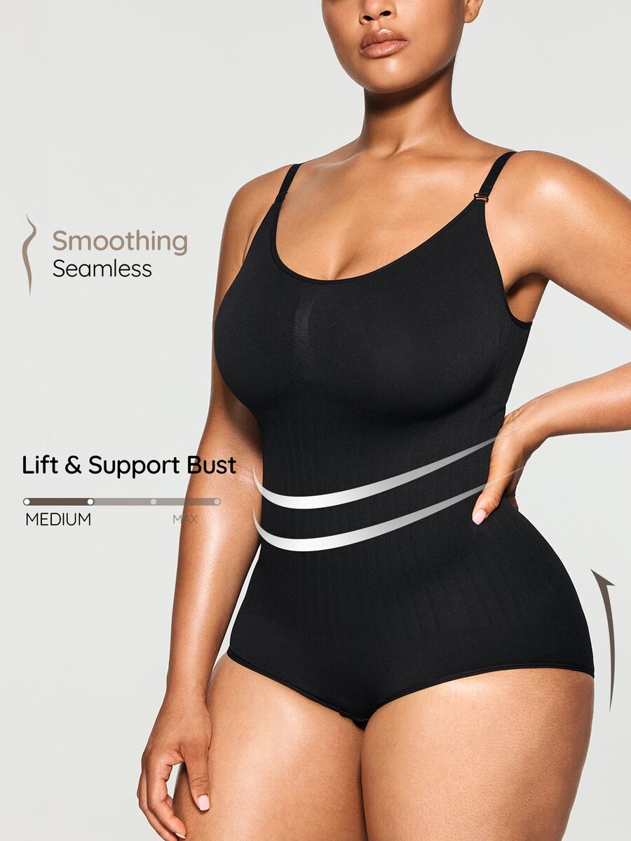 SHEIN Plus Size Bow Detail Shapewear Medium Stretch Lightweight Bodysuit - Black - View 1