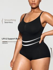 SHEIN Plus Size Bow Detail Shapewear Medium Stretch Lightweight Bodysuit - Black - View 5