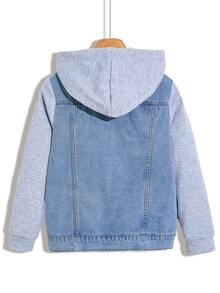 SHEIN Jaket Anak Laki-Laki Remaja Motif Patchwork Denim Biru Rajut Lengan Panjang Berkerudung Model Longgar - Biru - View 2