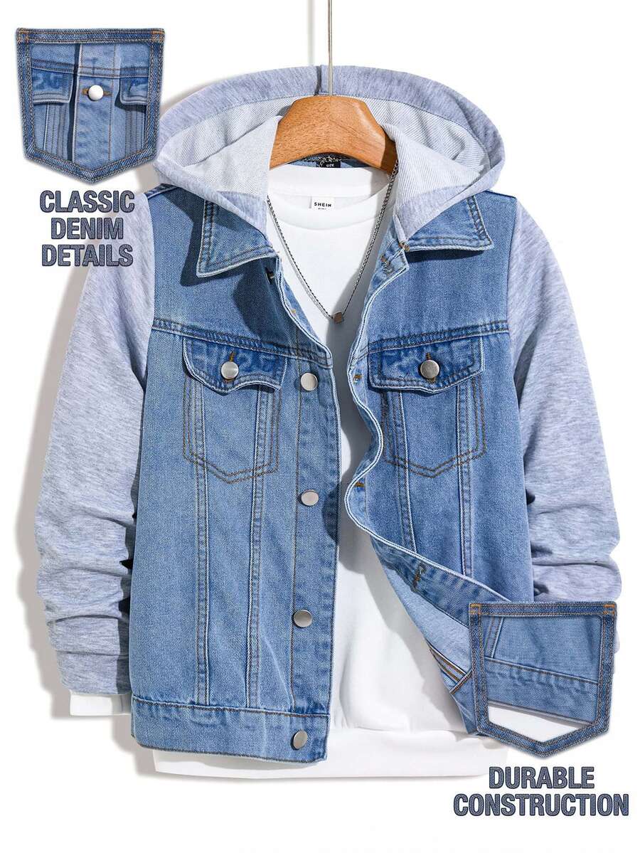 SHEIN Jaket Anak Laki-Laki Remaja Motif Patchwork Denim Biru Rajut Lengan Panjang Berkerudung Model Longgar - Biru - View 1