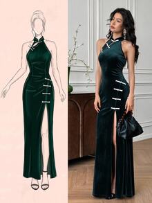 EastFlair Gaun Wanita Elegan Model Halter Neck dengan Desain Kancing Katak dan Belahan Samping di Bagian Bawah - Dark Green - View 1