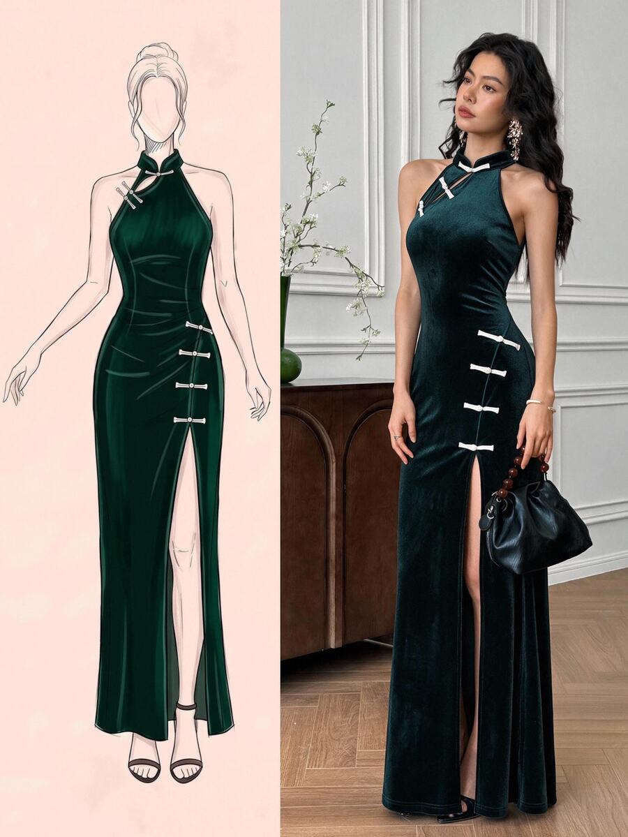 EastFlair Gaun Wanita Elegan Model Halter Neck dengan Desain Kancing Katak dan Belahan Samping di Bagian Bawah - Dark Green - View 1