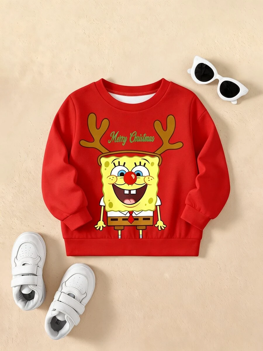 SpongeBob SquarePants | SHEIN Baby Boy Letter Cartoon Print Casual Daily Long Sleeve Sweatshirt - White - View 1