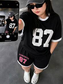 INAWLY Setelan Kasual 2 Potong Kaos Lengan Pendek dan Celana Pendek Motif Digital untuk Wanita Ukuran Besar - Hitam - View 1