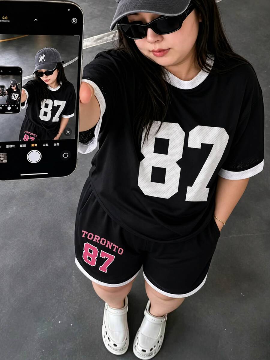 INAWLY Setelan Kasual 2 Potong Kaos Lengan Pendek dan Celana Pendek Motif Digital untuk Wanita Ukuran Besar - Hitam - View 1