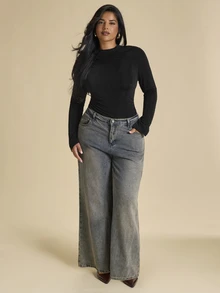 SHEIN BAE CURVE Plus Size Women's Black Ruched Fitted Inner Shirt, Elegant Long Sleeve Inner Shirt, Autumn/Winter, Base Layer - Black - View 5