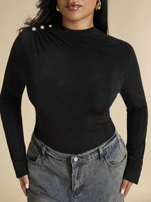 SHEIN BAE CURVE Plus Size Women's Black Ruched Fitted Inner Shirt, Elegant Long Sleeve Inner Shirt, Autumn/Winter, Base Layer - Black - View 3