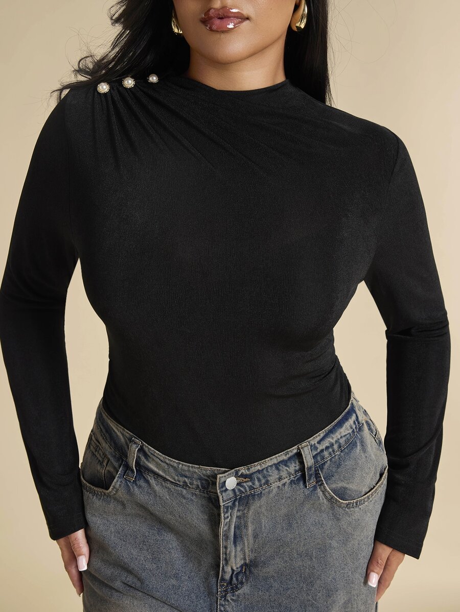 SHEIN BAE CURVE Plus Size Women's Black Ruched Fitted Inner Shirt, Elegant Long Sleeve Inner Shirt, Autumn/Winter, Base Layer - Black - View 1