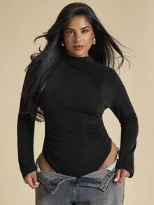 SHEIN BAE CURVE Plus Size Women's Black Ruched Fitted Inner Shirt, Elegant Long Sleeve Inner Shirt, Autumn/Winter, Base Layer - Black - View 1
