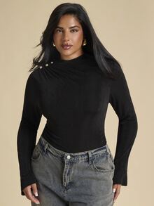 SHEIN BAE CURVE Plus Size Women's Black Ruched Fitted Inner Shirt, Elegant Long Sleeve Inner Shirt, Autumn/Winter, Base Layer - Black - View 2
