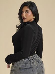SHEIN BAE CURVE Plus Size Women's Black Ruched Fitted Inner Shirt, Elegant Long Sleeve Inner Shirt, Autumn/Winter, Base Layer - Black - View 4
