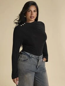 SHEIN BAE CURVE Plus Size Women's Black Ruched Fitted Inner Shirt, Elegant Long Sleeve Inner Shirt, Autumn/Winter, Base Layer - Black - View 7