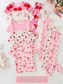 SHEIN Tween Girls Digital Print Fruit Pattern Cartoon Cute Comfortable Loungewear Snug Fit, 1 Random Sets Out Of,5 Pajamas Sets - Multicolor - View 1