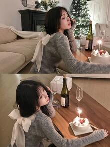 DAZY Women's Bow Tie Tie-Up Long Sleeve Colorblock Korean Style Sweater - Grey - View 1