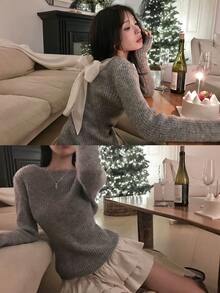 DAZY Women's Bow Tie Tie-Up Long Sleeve Colorblock Korean Style Sweater - Grey - View 5