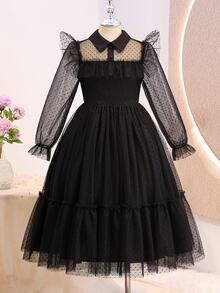 Vestido elegante de manga larga con volantes y patchwork de malla para niña preadolescente - Negro - Ver 7