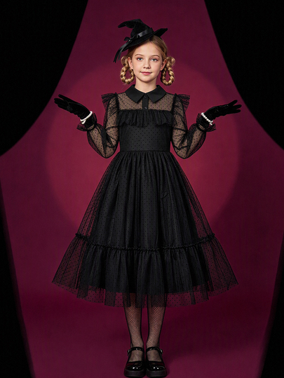 SHEIN Tween Girl Mesh Patchwork Ruffle Long Sleeve Elegant Dress