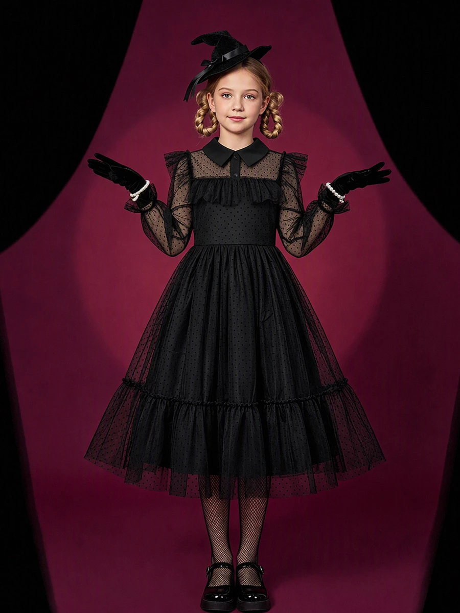 Vestido elegante de manga larga con volantes y patchwork de malla para niña preadolescente - Negro - Ver 1