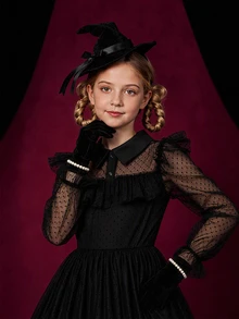Vestido elegante de manga larga con volantes y patchwork de malla para niña preadolescente - Negro - Ver 6