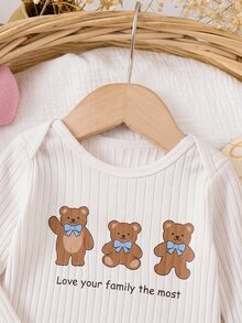 SHEIN Newborn Baby Boy Casual Cute Knitted White Cartoon Pattern Long Sleeve Loungewear Set - Beige - View 3