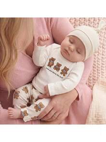 SHEIN Newborn Baby Boy Casual Cute Knitted White Cartoon Pattern Long Sleeve Loungewear Set - Beige - View 5