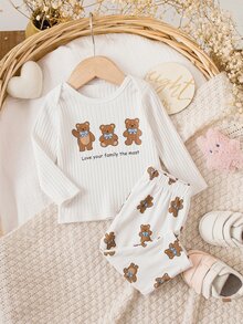 SHEIN Newborn Baby Boy Casual Cute Knitted White Cartoon Pattern Long Sleeve Loungewear Set - Beige - View 2