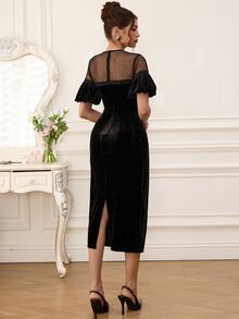 EastFlair Women's Elegant Party Mesh Patchwork Midi Dress - Black - View 7