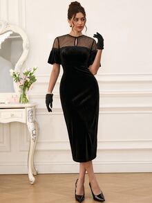 EastFlair Women's Elegant Party Mesh Patchwork Midi Dress - Black - View 3