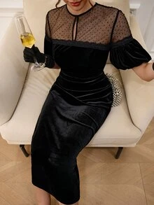 EastFlair Women's Elegant Party Mesh Patchwork Midi Dress - Black - View 4