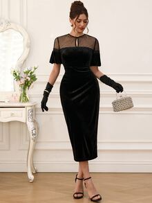 EastFlair Women's Elegant Party Mesh Patchwork Midi Dress - Black - View 5