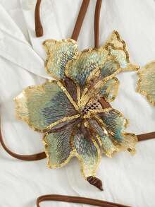 Swim SXY 2pcs/Set New Textured Micro Triangle Cup Halter Neck Floral Decor Elegant Cute Chocolate Brown Summer Bikini Set,Suitable  Beach Party Holiday,Pool - Brown - View 4