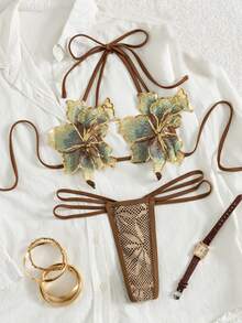Swim SXY 2pcs/Set New Textured Micro Triangle Cup Halter Neck Floral Decor Elegant Cute Chocolate Brown Summer Bikini Set,Suitable  Beach Party Holiday,Pool - Brown - View 2