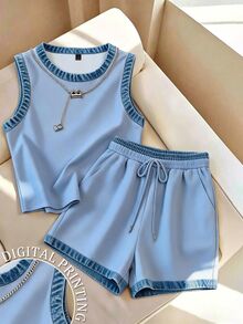Franclia Women's Contrast Trim Top And Shorts Casual Daily 2 Pieces Set - Multicolor - View 1