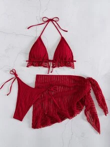 SHEIN Swim 女士性感蕾丝露背挂脖比基尼套装，含罩裙，三件套比基尼套装，沙滩度假风 - 紅色 - 查看 4
