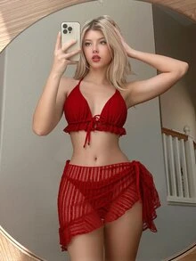 SHEIN Swim 女士性感蕾丝露背挂脖比基尼套装，含罩裙，三件套比基尼套装，沙滩度假风 - 紅色 - 查看 1