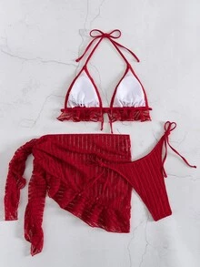 SHEIN Swim 女士性感蕾丝露背挂脖比基尼套装，含罩裙，三件套比基尼套装，沙滩度假风 - 紅色 - 查看 5