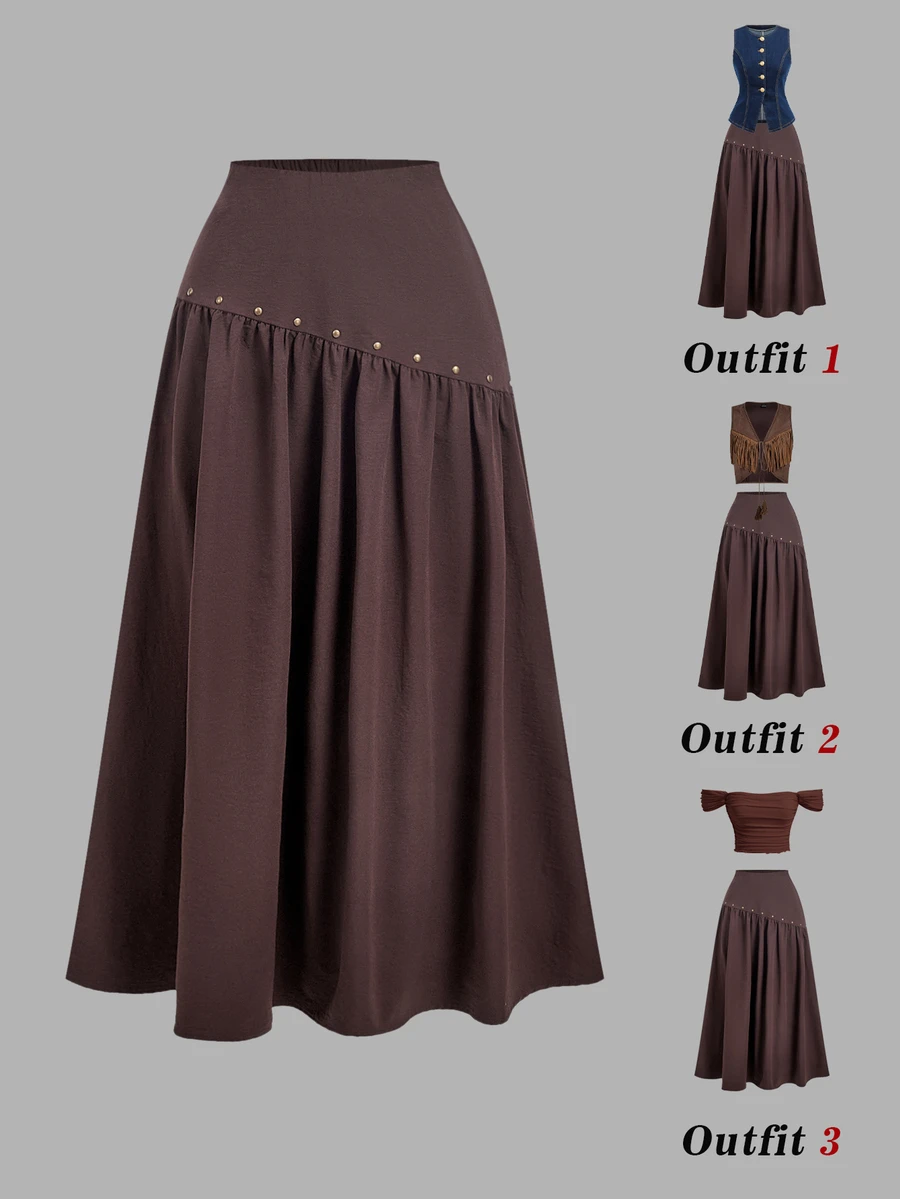 SHEIN MOD Women's Solid Color Pleated Casual Versatile Daily Wear Skirt - Coffee Brown - View 1