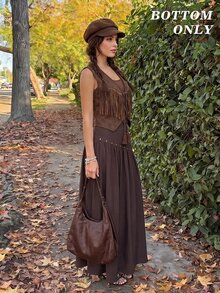 SHEIN MOD Women's Solid Color Pleated Casual Versatile Daily Wear Skirt - Coffee Brown - View 4