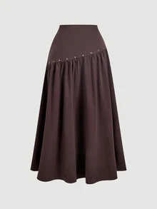 SHEIN MOD Women's Solid Color Pleated Casual Versatile Daily Wear Skirt - Coffee Brown - View 3