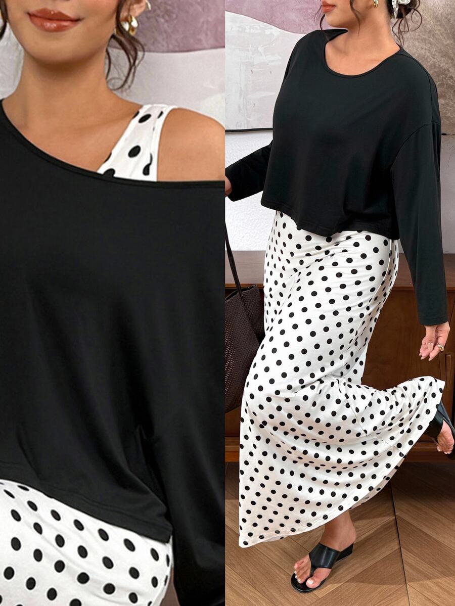 SHEIN Frenchy Plus Size Women Polka Dot Dress And Solid Color Top 2 Pieces Set Elegant Office Business Work Set For Women Fall/Winter Elegant Party Dress Set Women - Multicolor - View 1